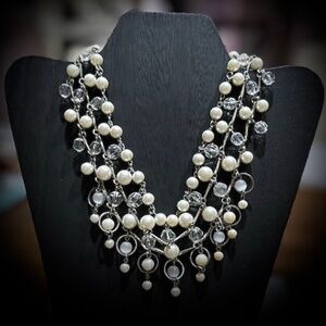 Elegant Triple-Strand Faux Pearl & Clear Crystal Statement Necklace/Silver Tone